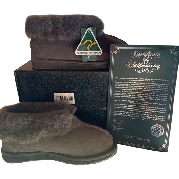 EMU Australia Sheepskin Fold-Cuff Ankle Boot Slippers Grey Suede Shearling 7 New - Picture 11 of 16